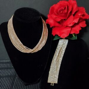 Aldo Gold Toned Multi-Row Rhinestone Choker and Bracelet